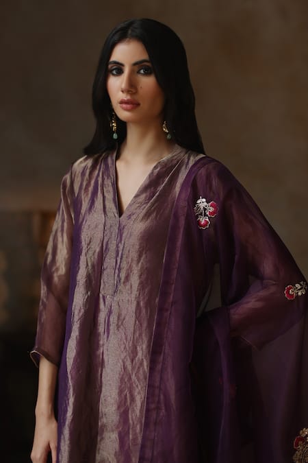 Begum_Purple Silk, Organza, Tissue Ayat Resham Butti Asymmetric Kurta Pant Set _Online_at_Aza_Fashions