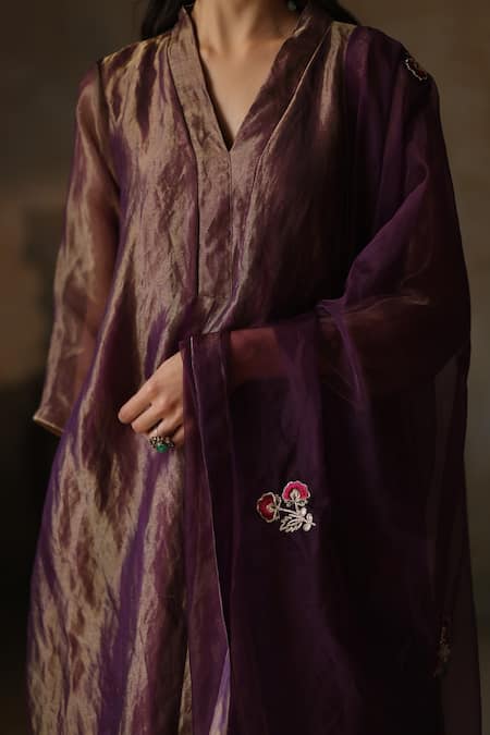 Begum_Purple Silk, Organza, Tissue Ayat Resham Butti Asymmetric Kurta Pant Set _at_Aza_Fashions