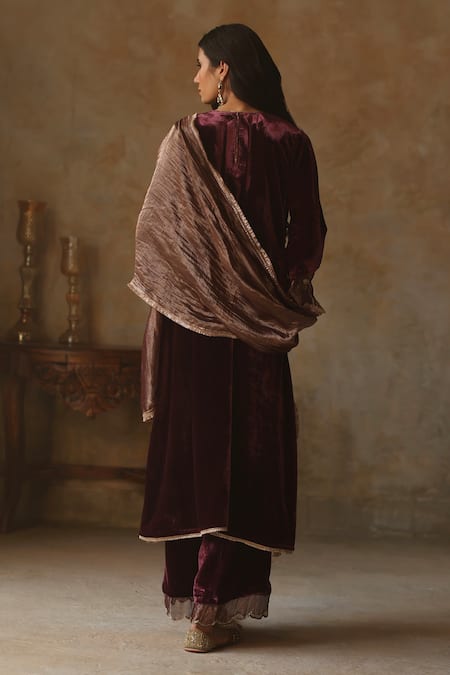 Shop Begum Maroon Kurta And Pant Velvet Embroidery Faiz Roseate Yoke Set at Aza Fashions Shop_Begum_Maroon Kurta And Pant Velvet Embroidery Faiz Roseate Yoke Set _at_Aza_Fashions