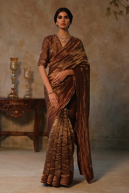 Begum Brown Saree Silk Tissue Embroidery Dabka V Farhana With Blouse 