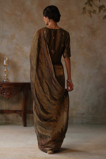 Shop Begum Gold Silk Zari, Embroidery Farhana Trim Lace Border Tissue Saree With Blouse at Aza Fashions Shop_Begum_Gold Silk Zari, Embroidery Farhana Trim Lace Border Tissue Saree With Blouse _at_Aza_Fashions