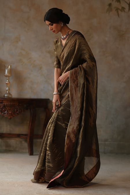 Begum Gold Silk Zari, Embroidery Farhana Trim Lace Border Tissue Saree With Blouse Online at Aza Fashions Begum_Gold Silk Zari, Embroidery Farhana Trim Lace Border Tissue Saree With Blouse _Online_at_Aza_Fashions