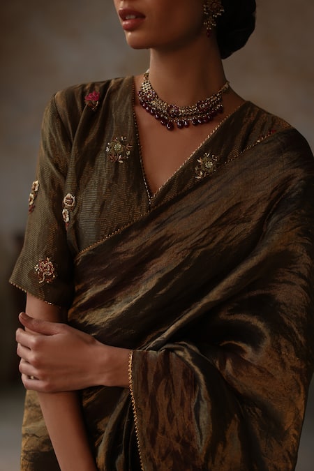 Buy_Begum_Gold Silk Zari, Embroidery Farhana Trim Lace Border Tissue Saree With Blouse _Online_at_Aza_Fashions