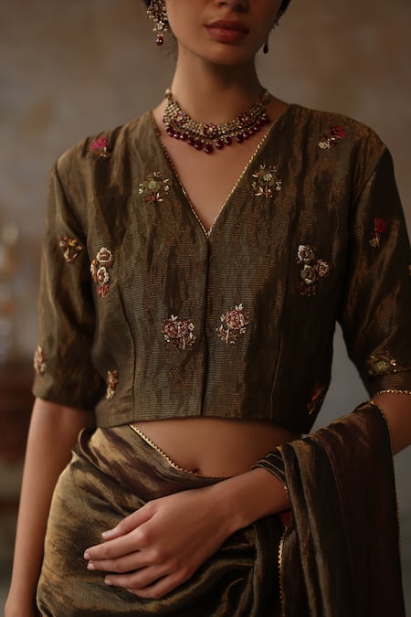 Shop_Begum_Gold Silk Zari, Embroidery Farhana Trim Lace Border Tissue Saree With Blouse _Online_at_Aza_Fashions