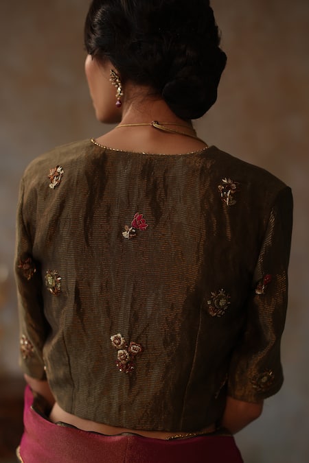 Begum_Gold Silk Zari, Embroidery Farhana Trim Lace Border Tissue Saree With Blouse _at_Aza_Fashions