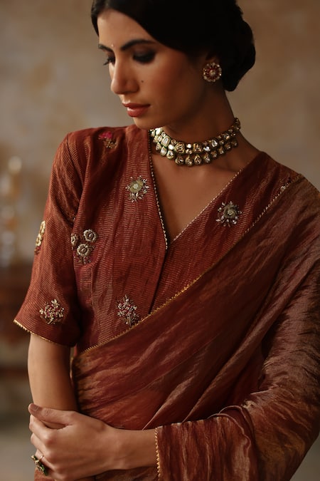 Begum_Orange Silk Embroidery, Zari V-neck Tissue Saree And Blouse Set _Online_at_Aza_Fashions