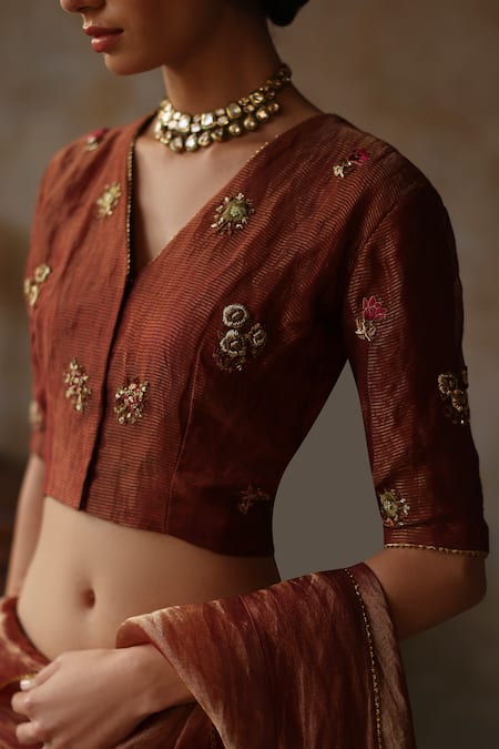 Begum_Orange Silk Embroidery, Zari V-neck Tissue Saree And Blouse Set _at_Aza_Fashions