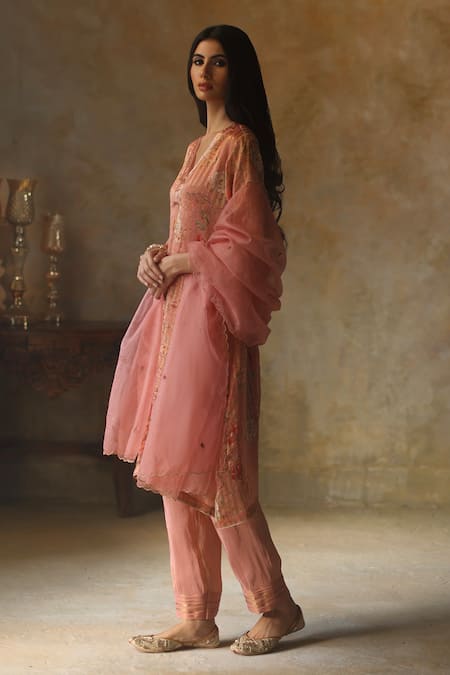 Begum_Peach Kurta Silk Tissue Botanic Flora V Neck Ikai Striped Pattern Pant Set _Online_at_Aza_Fashions