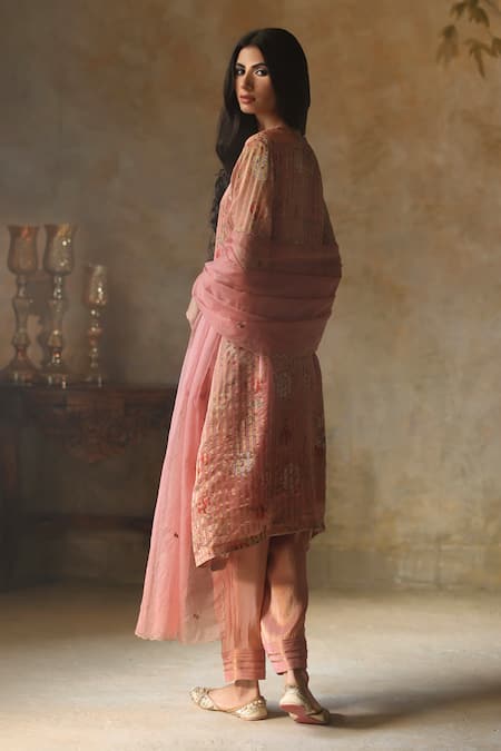 Buy_Begum_Peach Kurta Silk Tissue Botanic Flora V Neck Ikai Striped Pattern Pant Set _Online_at_Aza_Fashions