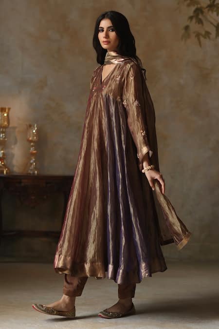 Begum_Brown , Organza Embroidery Saanjh Zari Fleur Butti Kurta Pant Set _Online_at_Aza_Fashions