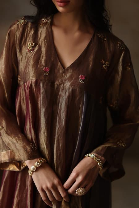 Shop_Begum_Brown , Organza Embroidery Saanjh Zari Fleur Butti Kurta Pant Set _Online_at_Aza_Fashions