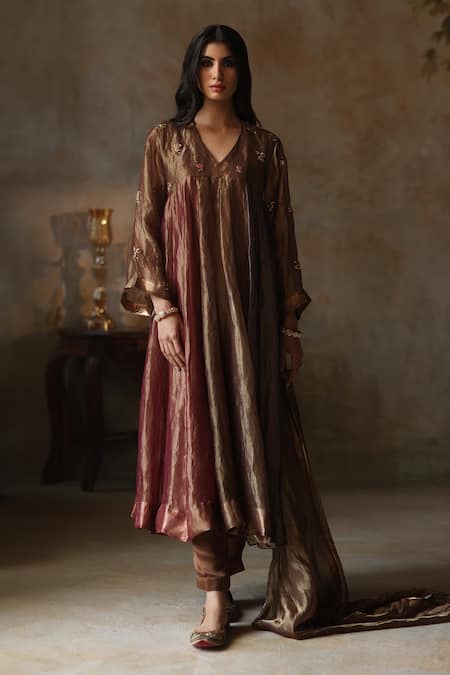 Begum_Brown , Organza Embroidery Saanjh Zari Fleur Butti Kurta Pant Set _at_Aza_Fashions