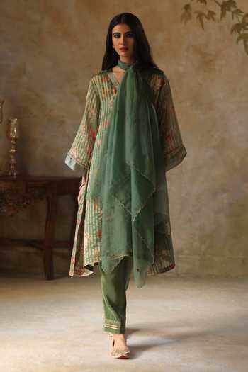Shop Begum Green , Satin, Ikai Striped Spring Blossom Pattern Kurta Pant Set at Aza Fashions Shop_Begum_Green , Satin, Ikai Striped Spring Blossom Pattern Kurta Pant Set _at_Aza_Fashions