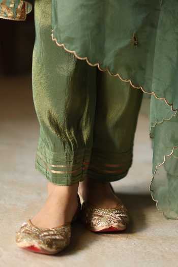 Buy_Begum_Green , Satin, Ikai Striped Spring Blossom Pattern Kurta Pant Set _Online_at_Aza_Fashions