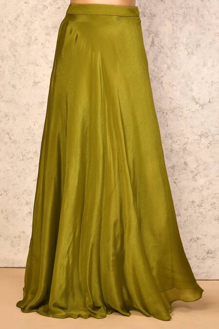 Samyukta Singhania_Green Viscose, Polyester Sequins, Cutwork Embroidered Top And Flared Skirt Set_Online_at_Aza_Fashions