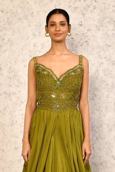 Buy_Samyukta Singhania_Green Viscose, Polyester Sequins, Cutwork Embroidered Top And Flared Skirt Set_Online_at_Aza_Fashions