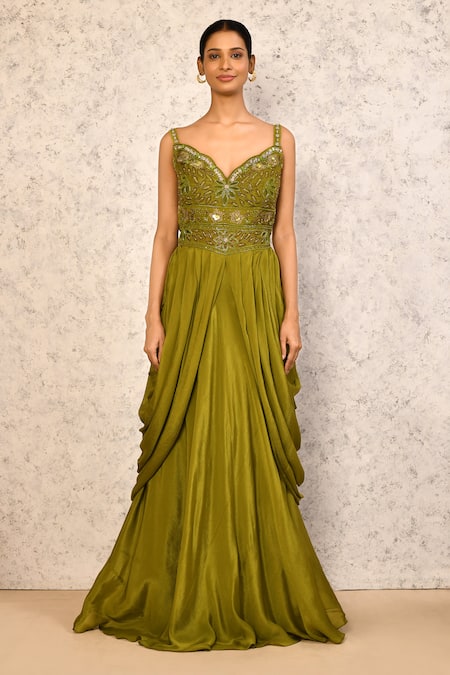 Shop_Samyukta Singhania_Green Viscose, Polyester Sequins, Cutwork Embroidered Top And Flared Skirt Set_Online_at_Aza_Fashions