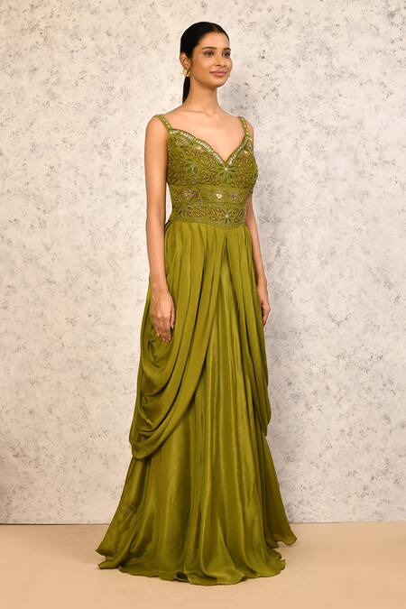 Samyukta Singhania_Green Viscose, Polyester Sequins, Cutwork Embroidered Top And Flared Skirt Set_at_Aza_Fashions
