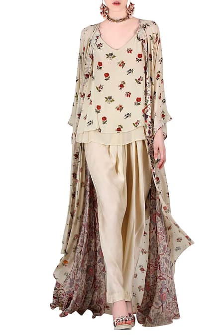 Nikasha_Beige Floral Print Jacket Open, Top V Neck Pant Set With _Online_at_Aza_Fashions
