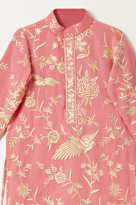Shop Shruti Jalan Pink Georgette, Cotton, Silk Embroidery Parsi Gara Kurta With Pyjama at Aza Fashions Shop_Shruti Jalan_Pink Georgette, Cotton, Silk Embroidery Parsi Gara Kurta With Pyjama _at_Aza_Fashions