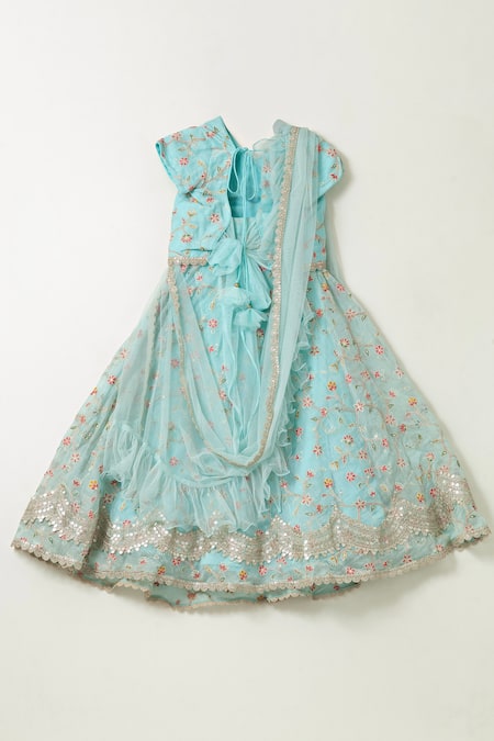 Shop Shruti Jalan Blue Cotton, Net, Chanderi Silk, Gardenia Lehenga With Attached Dupatta Blouse at Aza Fashions Shop_Shruti Jalan_Blue Cotton, Net, Chanderi Silk, Gardenia Lehenga With Attached Dupatta Blouse _at_Aza_Fashions