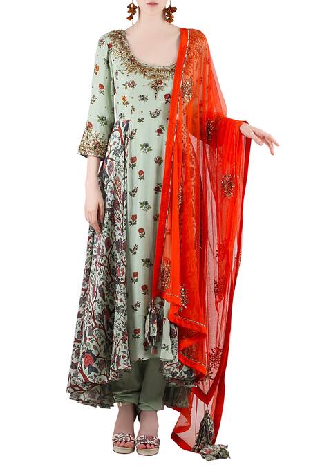 Shop_Nikasha_Green Round Printed Anarkali Set _Online_at_Aza_Fashions