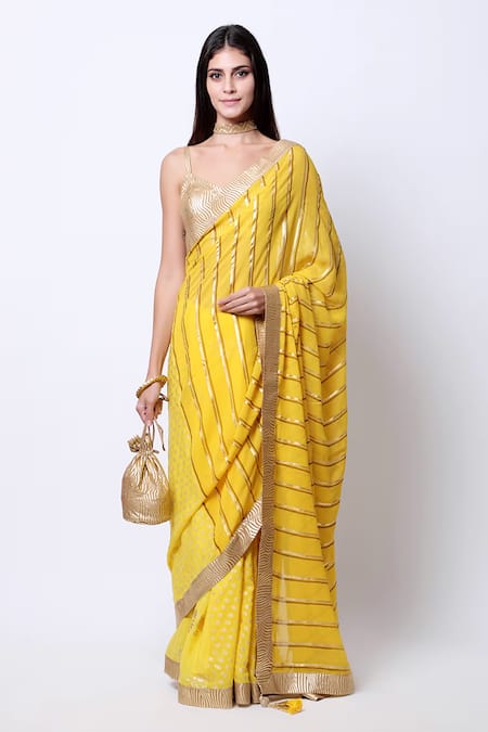 Shop_Nikasha_Yellow Crepe Sweetheart Neck Embroidered Saree With Blouse _Online_at_Aza_Fashions