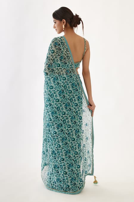 Nikasha Green 100% Viscose Georgette Cutdana, Floral, Resham, Print Saree With Blouse Online at Aza Fashions Nikasha_Green 100% Viscose Georgette Cutdana, Floral, Resham, Print Saree With Blouse _Online_at_Aza_Fashions