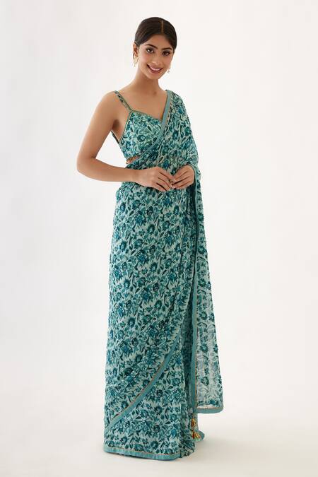 Shop Nikasha Green 100% Viscose Georgette Cutdana, Floral, Resham, Print Saree With Blouse Shop_Nikasha_Green 100% Viscose Georgette Cutdana, Floral, Resham, Print Saree With Blouse