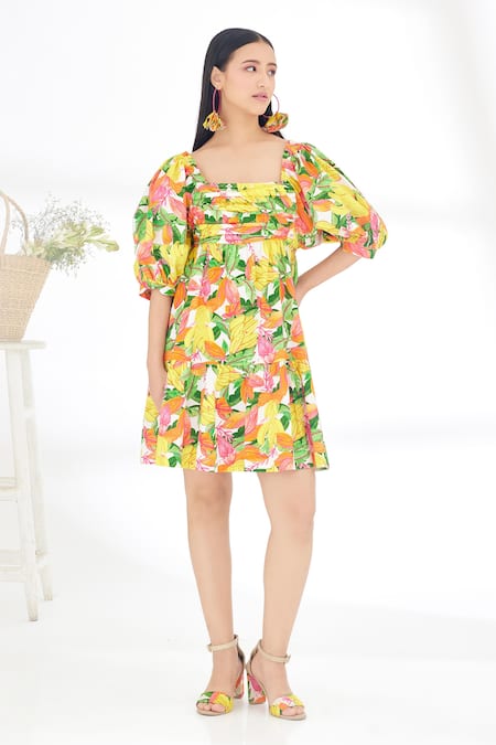 Nikasha Yellow Cotton Poplin Banana, Fruit Square Neck Bubble Sleeve Hand Painted Dress at Aza Fashions Nikasha_Yellow Cotton Poplin Banana, Fruit Square Neck Bubble Sleeve Hand Painted Dress _at_Aza_Fashions
