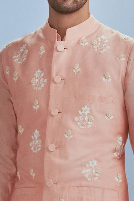 Nachiket Barve_Peach Silk Embroidery Floral Bundi Kurta Set _Online_at_Aza_Fashions