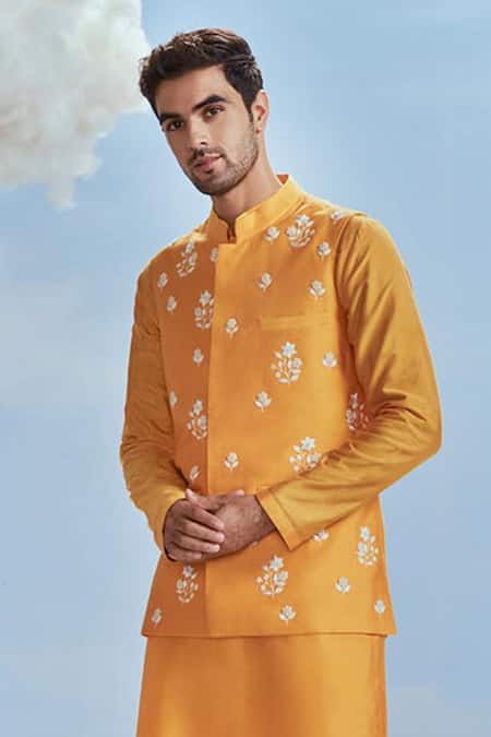 Nachiket Barve_Yellow Silk, Spandex Embroidery Floral Bundi Kurta Set _Online_at_Aza_Fashions