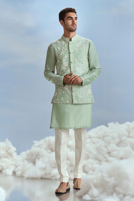 Nachiket Barve Green Spun Silk Embroidery Floral Mehtab Bagh Bundi Kurta Set  