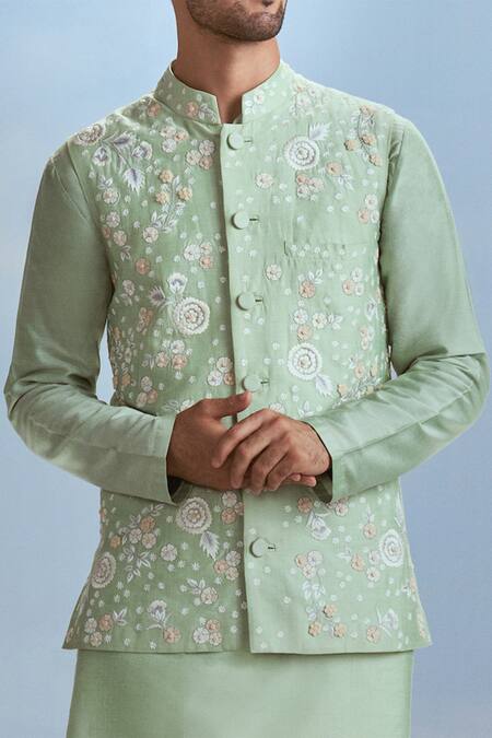 Nachiket Barve_Green Silk Embroidery Floral Bundi Kurta Set _Online_at_Aza_Fashions