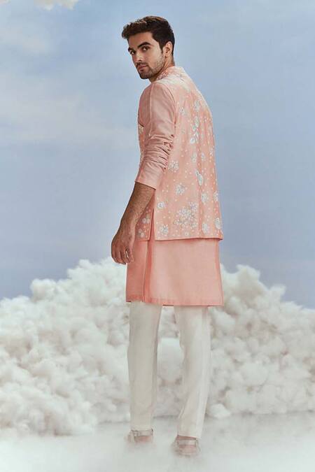 Nachiket Barve Peach Floral Embroidered Bundi Kurta Set 