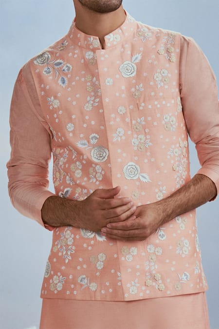 Nachiket Barve_Peach Silk Embroidery Floral Bundi Kurta Set _Online_at_Aza_Fashions