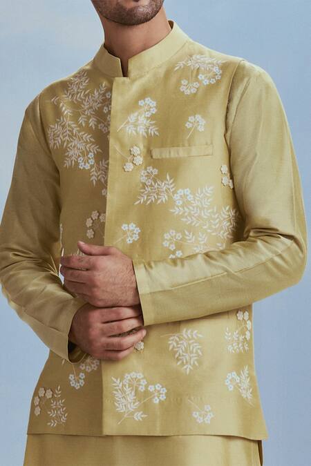 Nachiket Barve_Green Silk, Spandex Embroidery Floral Kurta Set _Online_at_Aza_Fashions