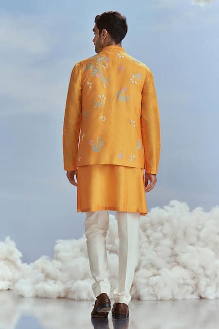 Nachiket Barve Floral Embroidered Yellow Bundi Kurta Set 