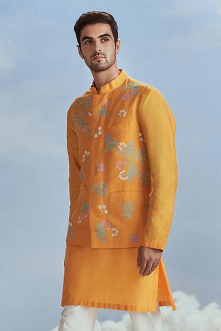 Nachiket Barve_Yellow Silk, Spandex Embroidery Floral Bundi Kurta Set _Online_at_Aza_Fashions