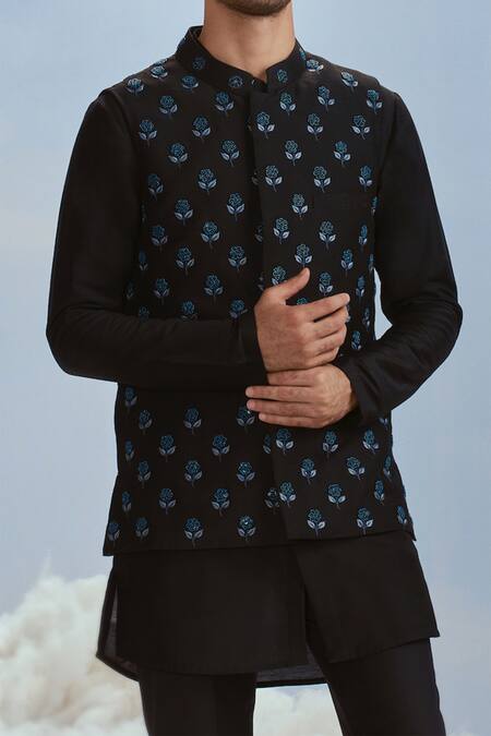 Nachiket Barve_Black Silk, Spandex Embroidery Floral Bundi Kurta Set _Online_at_Aza_Fashions