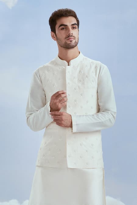 Nachiket Barve_Ivory Silk, Spandex Embroidery Floral Bundi Kurta Set _Online_at_Aza_Fashions