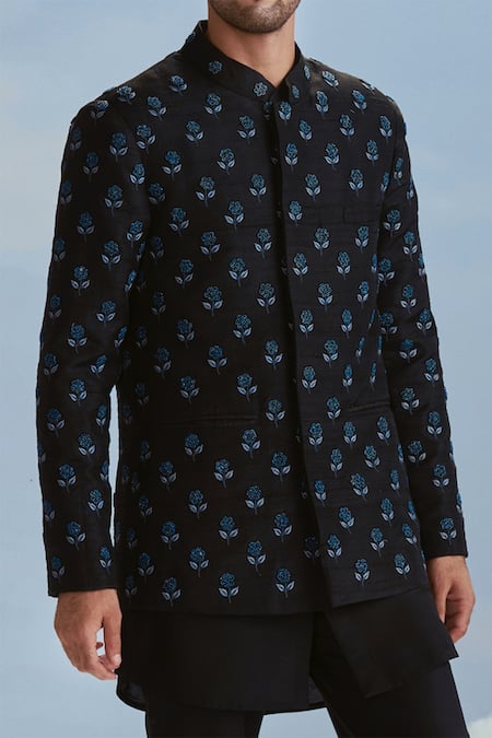 Nachiket Barve_Black Silk Embroidery Floral Bandhgala Pant Set _Online_at_Aza_Fashions