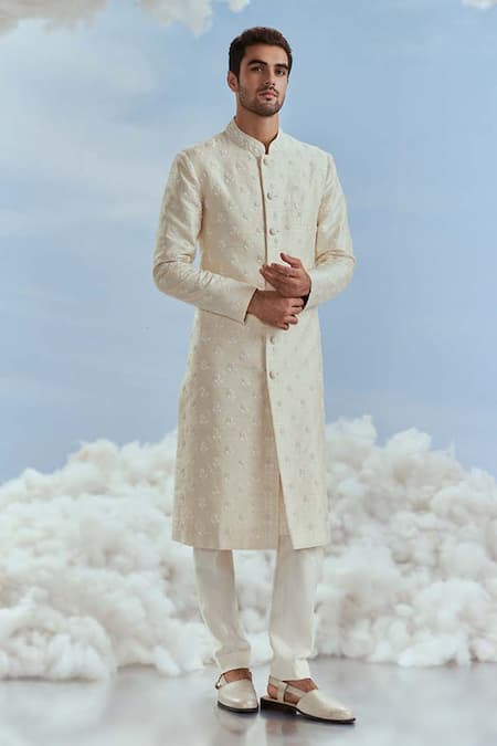 Nachiket Barve Ivory Sherwani Raw Silk Embroidery Floral Pearl Nawab Pant Set  