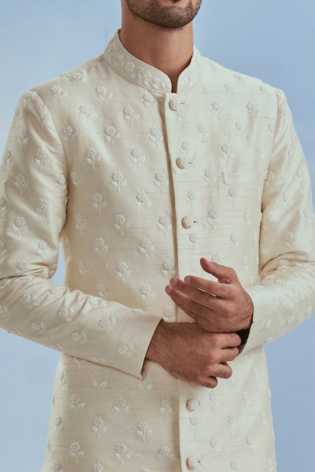 Shop Nachiket Barve Ivory Silk Embroidery Pearl Nawab Sherwani Pant Set at Aza Fashions Shop_Nachiket Barve_Ivory Silk Embroidery Pearl Nawab Sherwani Pant Set _at_Aza_Fashions