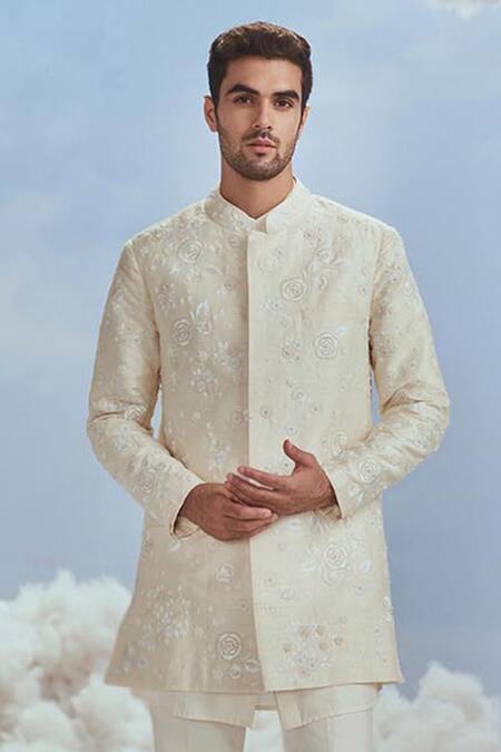 Nachiket Barve_Ivory Silk Embroidery Mehtab Bagh Short Sherwani Pant Set _Online_at_Aza_Fashions