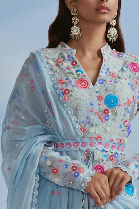 Nachiket Barve_Blue Organza, Lycra Embroidery, Lunar Blossom Anarkali Set With Izmir Dupatta _Online_at_Aza_Fashions