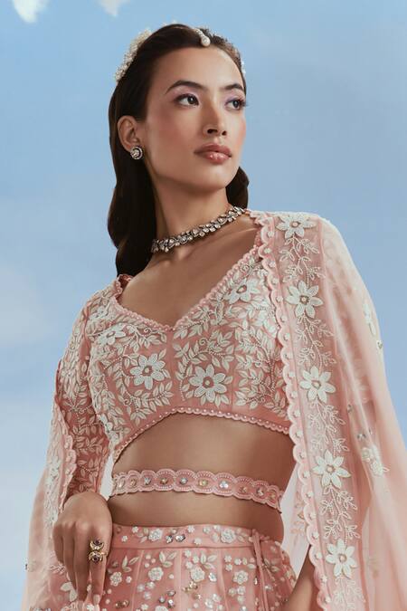 Nachiket Barve_Pink Organza, Tussar, Silk Embroidery, Beads Babylon Kalidar Bridal Lehenga Set _Online_at_Aza_Fashions
