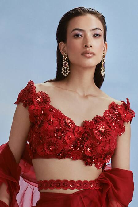 Nachiket Barve_Red Chiffon, Organza Embroidery, Ruffle Saree With Astral Carnations Work Blouse _Online_at_Aza_Fashions
