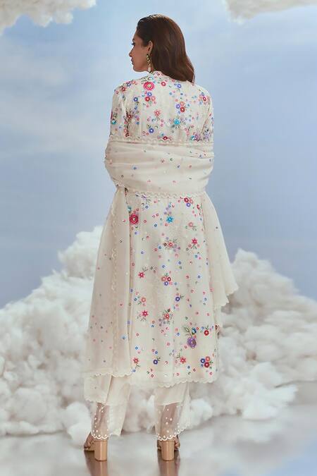 Shop Nachiket Barve Ivory Organza Embroidery Collared Lunar Blossom Anarkali Set at Aza Fashions Shop_Nachiket Barve_Ivory Organza Embroidery Collared Lunar Blossom Anarkali Set _at_Aza_Fashions