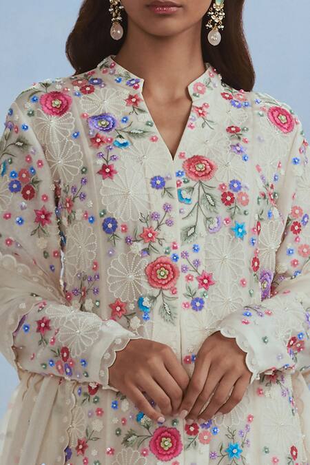 Nachiket Barve Ivory Organza Embroidery Collared Lunar Blossom Anarkali Set Online at Aza Fashions Nachiket Barve_Ivory Organza Embroidery Collared Lunar Blossom Anarkali Set _Online_at_Aza_Fashions